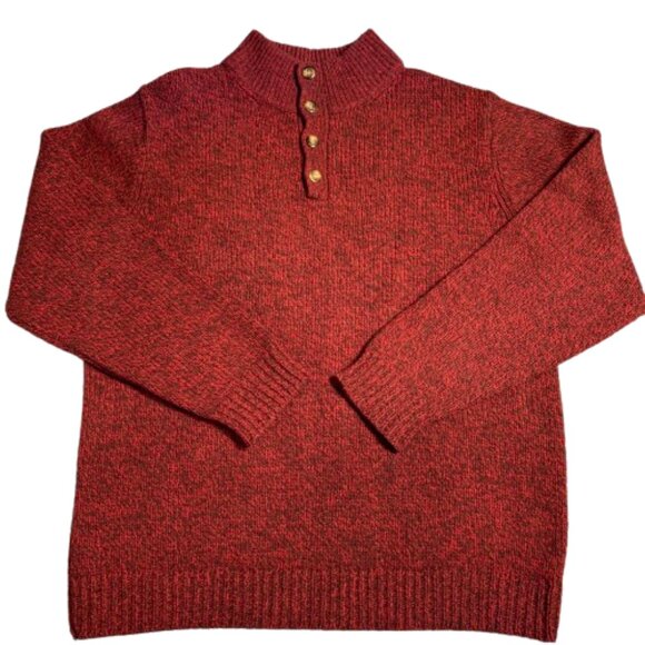 LL Bean 1/4 Big-Button Up 100% Lambswool Dark Red Mockneck Men's Sweater (SZ L) - Picture 1 of 8